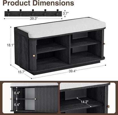 Dark Grey 39.4" W 2-Tier Shoe Bench with Storage | Entryway Bench with Padded Cushion, Sliding Doors &amp; 5 Hooks