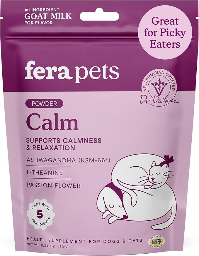 Fera Pets Goat Milk - Calming Supplement for Dogs &amp; Cats - Ashwagandha, L-Theanine, &amp; Passion Flower - Supports Anxiety Relief &amp; Relaxation - for Picky Eaters - 60 TSP