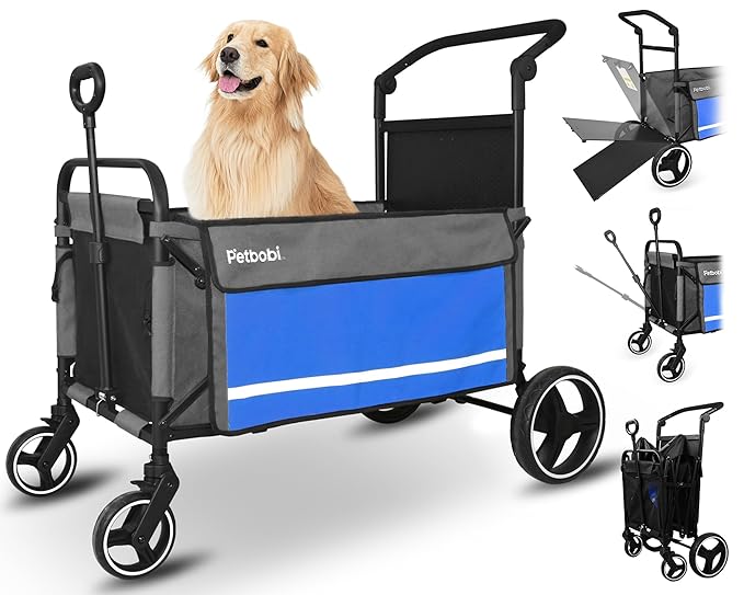 Petbobi Dog Wagon Stroller for Large &amp; Medium Dogs - 2-in-1 Push-Pull Pet Stroller with Ramp, Foldable All Terrain Wagon Cart, One-Step Brake, Suitable for Outdoor Walks &amp; Camping, Blue