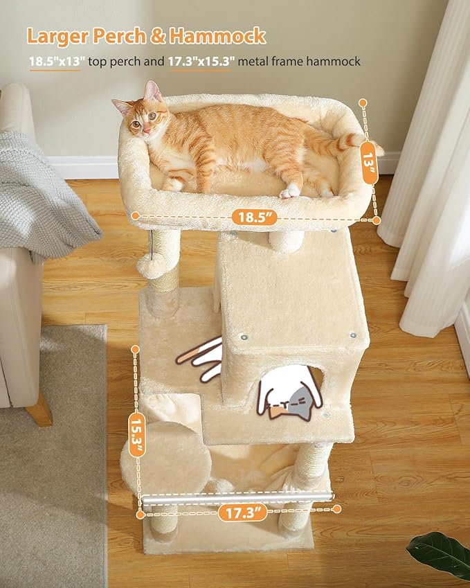 PETEPELA 45.7" Cat Tree for Indoor Cats, 5-Level Cat Tower for Large Cats with Metal Frame Large Hammock (17.3"x15.3"), Cat Condo with (18.5"x13") Big Top Perch &amp; 4 Sisal Covered Scratching Post Beige
