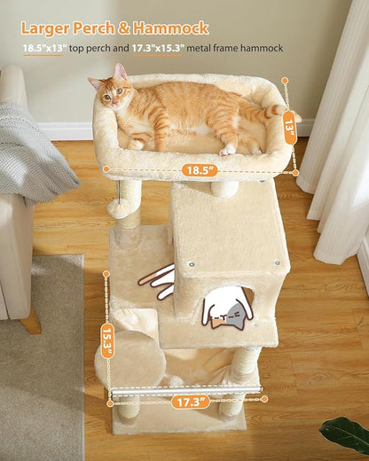 PETEPELA 45.7" Cat Tree for Indoor Cats, 5-Level Cat Tower for Large Cats with Metal Frame Large Hammock (17.3"x15.3"), Cat Condo with (18.5"x13") Big Top Perch &amp; 4 Sisal Covered Scratching Post Beige
