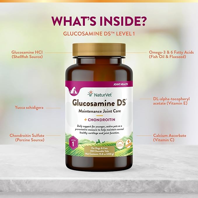NaturVet Glucosamine DS Level 1 Maintenance Care Hip &amp; Joint Support Pet Supplement for Dogs &amp; Cats –Glucosamine, Chondroitin, Antioxidants –Supports Cartilage, Joint Function – 150 Ct.