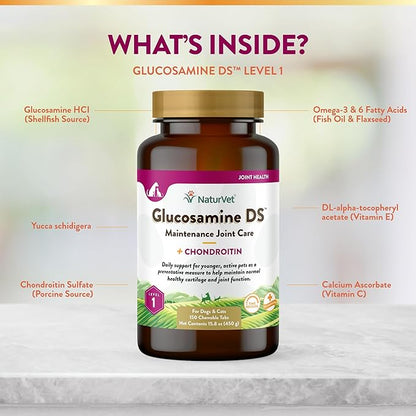 NaturVet Glucosamine DS Level 1 Maintenance Care Hip &amp; Joint Support Pet Supplement for Dogs &amp; Cats –Glucosamine, Chondroitin, Antioxidants –Supports Cartilage, Joint Function – 150 Ct.