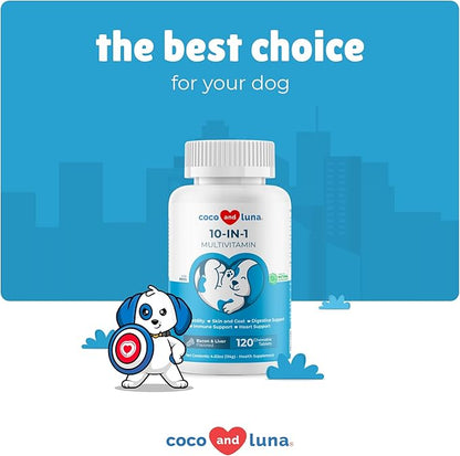 10 in 1 Multivitamin for Dogs - 120 Chewable Tablets with Glucosamine and Chondroitin - Fish Oil &amp; Vitamins with Coq10 for Skin &amp; Heart Health, Gut &amp; Immune Support
