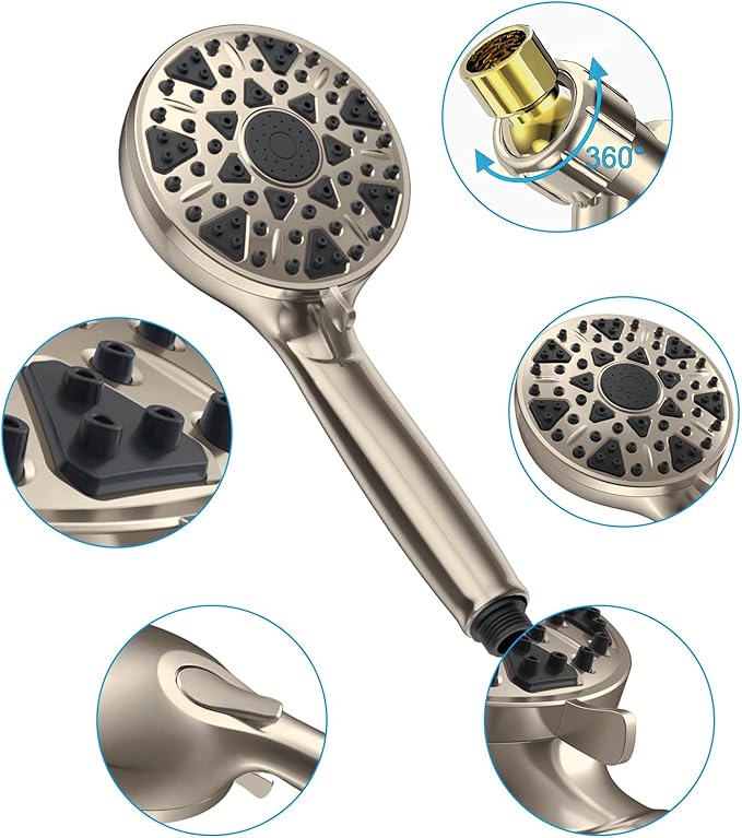 High Pressure Shower head with Handheld 7 Modes, Built-in Power Wash to Clear Tub. Tile &amp; Pets, 5” High Flow Hand Held Rain Showerhead with Stainless Steel Hose and Adjustable Bracket- Brush Nickel