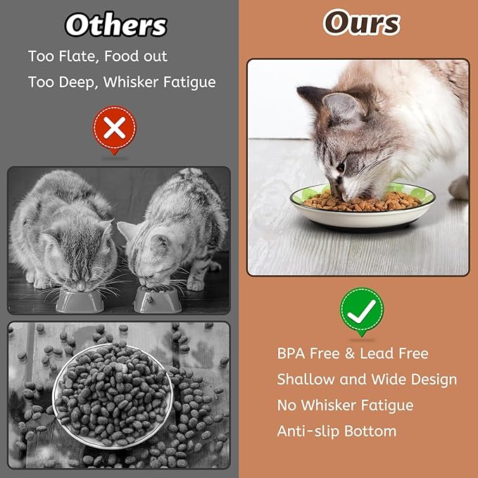 Non-Slip Cat Bowl,Ceramic Cat Food Bowls with Silicone Bottom, Anti-Whisker Fatigue Cats Dishes Set, Shallow &amp; Wide Kitten Plates for Food and Water, 4 Pack