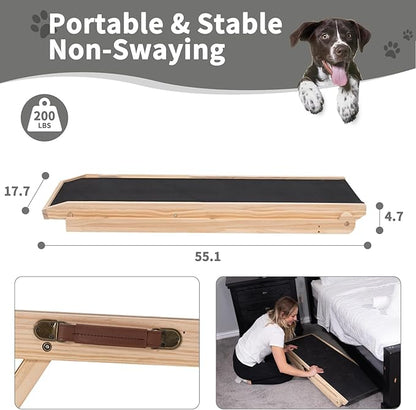 ABORON Antislip Wooden Dog Ramp for High Bed Couch Car, 5-Level Adjustable Folding Pet Ramp for Small &amp; Large Old Dogs &amp; Cats, 17.7" Extra Wide 51" Long, Rubber Mat, Supports up to 200 lbs