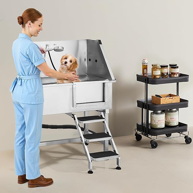 VEVOR Stainless Steel Dog Washing Station, 38 inch Pet Grooming Tub w/Storage Stairs, Faucet &amp; Showerhead &amp; Soap Holder Dog Bathtub for Medium &amp; Small Pets (Right Door)