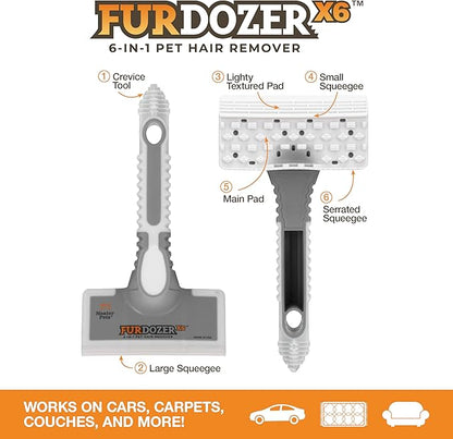 FurDozer X6 Pet Hair Remover &amp; Auto Detailing Tool - Cat &amp; Dog Hair Remover for Carpets, Car Interiors, Couches, Bedding, &amp; Furniture - Reusable Pet Hair Removal Tool for Cat and Dog Fur &amp; Lint, Grey