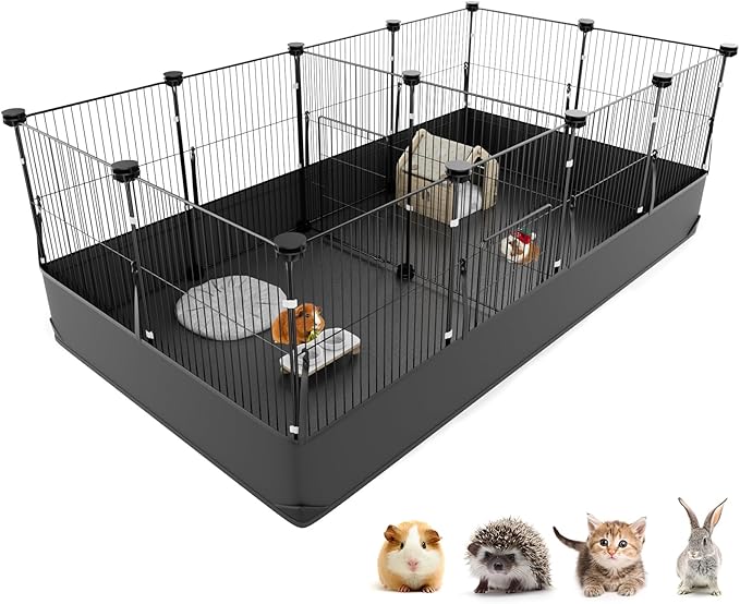 Tresbro Guinea Pig Playpen with 14 Panels &amp; Divided Room, Triple Fixing Measures Small Animal Cage with Waterproof PVC Liner &amp; One-Motion Hooks, Rabbit, Bunny, C&amp;C Grids Cage 48 x 24 x 16 Inches