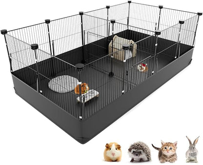Tresbro Guinea Pig Playpen with 14 Panels &amp; Divided Room, Triple Fixing Measures Small Animal Cage with Waterproof PVC Liner &amp; One-Motion Hooks, Rabbit, Bunny, C&amp;C Grids Cage 48 x 24 x 16 Inches