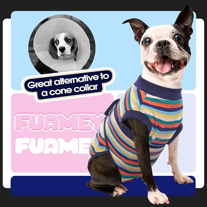 FUAMEY Recovery Suit for Dogs After Surgery,Soft Breathable Dog Bodysuit E-Collar &amp; Cone Alternative Surgical Suit,Male Female Dog Neuter Spay Suits Anti Licking Wounds Onesie Dark Blue Stripes S