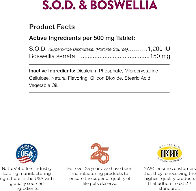 NaturVet S.O.D. &amp; Boswellia Extra Joint Support Dog Supplement – Dog Hip Supplement – Helps Alleviate Aches, Pain – for Dog Flexibility, Healthy Joint Function – 150 Ct. Chewable Tablets