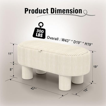 Corduroy Storage Ottoman Bench, 43" Upholstered Oval Footrest with Hidden Storage, Modern Design with Solid Wood Legs for Bedroom, Living Room, and Entryway Furniture, White