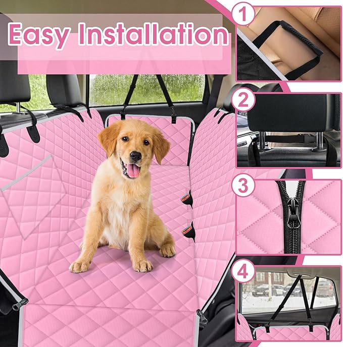 Waterproof Dog Car Seat Cover for Back Seat - Durable, Scratch Proof Pet Hammock with Nonslip Design &amp; Storage Pockets, Fits Cars, SUVs, Trucks - L, Pink/Grey