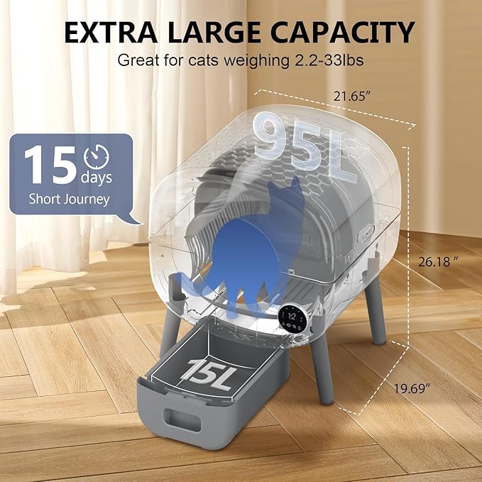 Cumrige Self Cleaning Litter Box, Large Capacity Automatic Cat Litter Box Self Cleaning for Cats, App Control,Safety Protection, 2 Roll Garbage Bags,White &amp; Grey