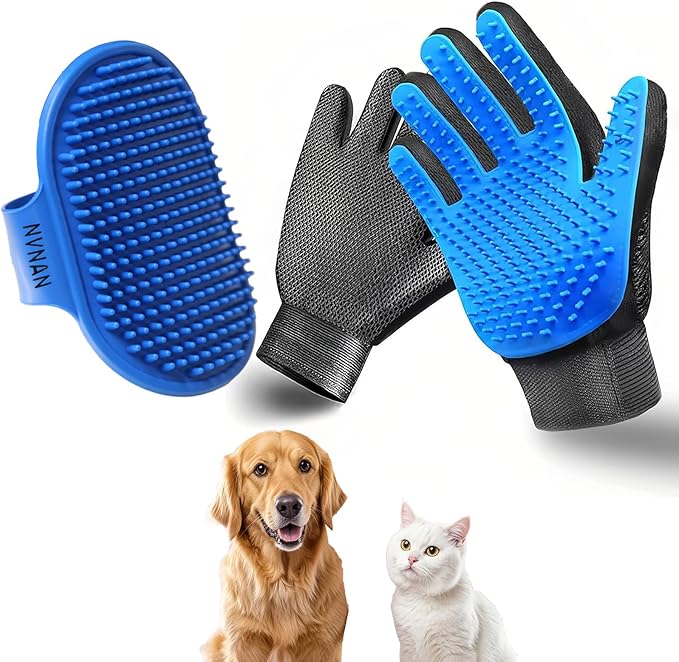 Cat &amp; Dog Grooming Gloves - Deshedding Brush for Shedding, Gentle Pet Hair Remover &amp; Massage Gloves for Cats, Dogs, All Fur Types (1 Brush +1 Pair Gloves)
