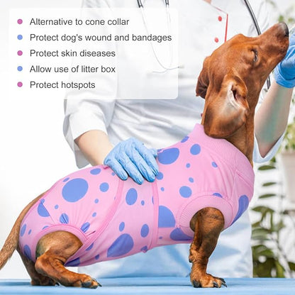 Kuoser Dog Surgery Recovery Suit, Anti Licking Pet Surgical Suit for Dogs Male Neuter, Female Dog Surgery Suit for Spay Subsititute E-Collar Cone, Dogs Body Suits After Surgery Pink Polka Dot 2XL