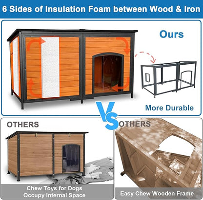 Extra Large Dog House Outdoor 59.1" L Outside Insulated Dog Kennel Weatherproof Winter, 6 Sides All-Round Foam for Small Medium Large Extra Large Dogs, Strong Metal Chew Proof Frame Window