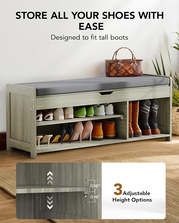 Amada Shoe Bench, Entryway Bench with Cushioned Seat &amp; Lift Top Storage, 3 Doors, Adjustable Shelf, 300 lbs Capacity, Storage Bench with Shoe Rack for Entryway, Bedroom, Living Room, Gray