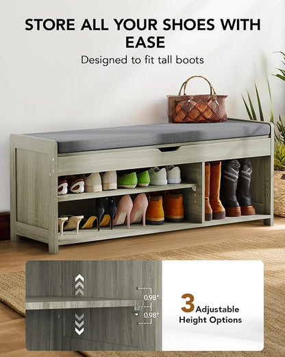 Amada Shoe Bench, Entryway Bench with Cushioned Seat &amp; Lift Top Storage, 3 Doors, Adjustable Shelf, 300 lbs Capacity, Storage Bench with Shoe Rack for Entryway, Bedroom, Living Room, Gray