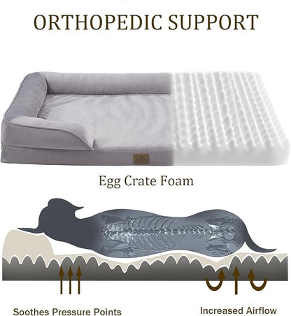 Bedfolks Orthopedic Dog Bed, Waterproof Dog Sofa Bed for Large Dogs, Egg Foam Pet Couch Bed with Removable Washable Cover and Nonslip Bottom, Light Grey
