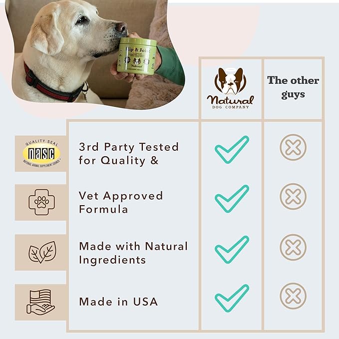 Natural Dog Company Hip &amp; Joint Chews, Chicken Liver &amp; Turmeric Flavor, with Glucosamine Chondroitin for Dogs, Maintains Bone and Joint Health, Supplements for Seniors and Puppies, 90 Count