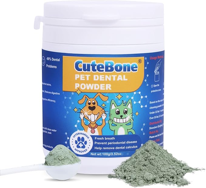 CuteBone Dog Teeth Cleaning Powder - Dog Dental Powder Pet Breath Freshener - Safe &amp; Effective Natural Oral Care Formula Reduces Plaque &amp; Tartar Promotes Healthy Gums Easy-to-Use for Dogs &amp; Cats