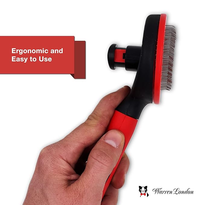 Warren London Self-Cleaning Cat Pin Brush | Push-Button Fur Ejector, Bead-Tipped Nylon Pins – Gentle Shedding &amp; Detangling for Cats, Kittens, Rabbits, Ferrets &amp; Small Dogs | Ergonomic Anti-Slip Grip