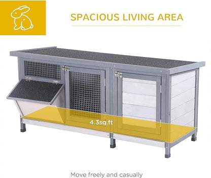 PawHut Wooden Rabbit Hutch Bunny Hutch Cage Guinea Pig with Waterproof Roof, No Leak Tray and Feeding Trough, Indoor/Outdoor, Gray