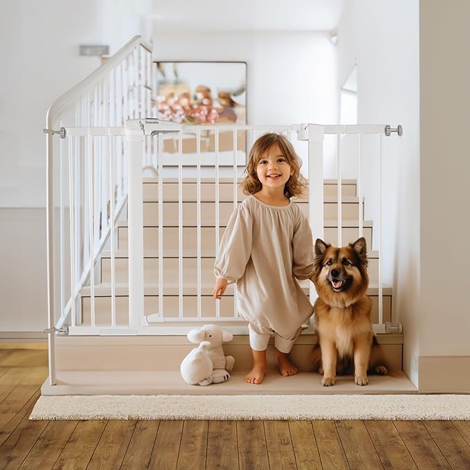 Babelio Metal Baby Gate, 29-48“ Auto Close Easy Install Pet Gate, Extra Wide Walk Thru Child Safety Gate, Pressure Mounted Dog Gate for Doorways &amp; Stairs, with Y Spindle Rods, White