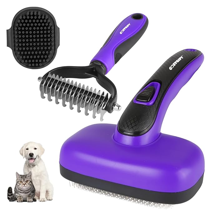 Dog Brush Kit – 3 PCS Grooming Set with Self-Cleaning Brush, Undercoat Rake &amp; Pet Bath Brush. Great for Shedding, Tangles &amp; Dirt Removal – Ideal for Long &amp; Short Haired Dogs &amp; Cats, Purple