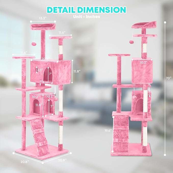 FDW Cat Tree 70in Cat Tower Multi-Level Durable Cat Scratching Post &amp; Cozy Fun Cat Jumping Platform Space Saving Cat Condo Pet Play House for Indoor Cats,Pink