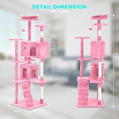 FDW Cat Tree 70in Cat Tower Multi-Level Durable Cat Scratching Post &amp; Cozy Fun Cat Jumping Platform Space Saving Cat Condo Pet Play House for Indoor Cats,Pink