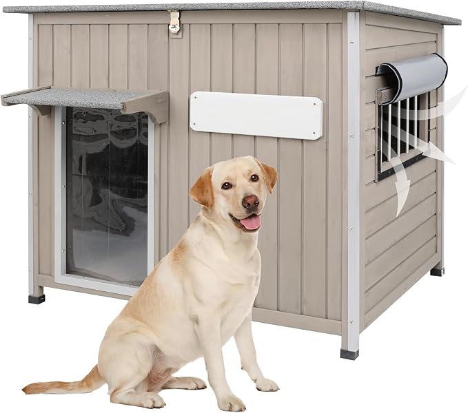 Dog House Outdoor Weatherproof &amp; Wooden Dog Kennel with Chew-Proof Iron Frame，Removable Floor, Adjustable Vent Window, Easy Assembly for Large and Medium Dogs 43.3" D x 29.5" W x 33.5" H