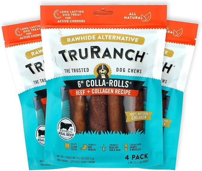 Collagen Rolls - 6" Collagen Rolls for Dogs - Long Lasting Healthy Joint Support - Rawhide Alternative - Skin &amp; Coat Health - Made with Real Beef, Value Pack, 3 Bags, 12 Count