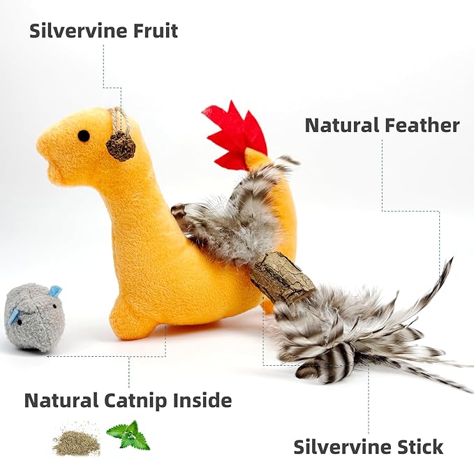 Catnip Toys 3 Pack – Plush Catnip Toy with Gall Fruit &amp; Silvervine Stick with Feathers, Interactive Chew &amp; Kick Toys for Indoor Cats, Relieve Stress &amp; Encourage Exercise