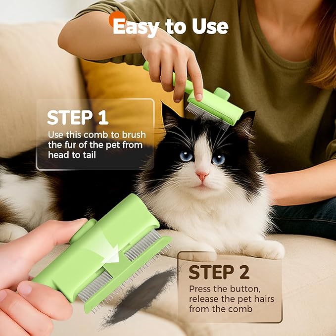 Pet Hair Removal Comb Flea Combs for Cats and Dogs, Pet Flea Comb Grooming Brush with One-Click Release Button, Dog Cat Deshedding Brush for Short &amp; Long Hair (Blue &amp; Green)