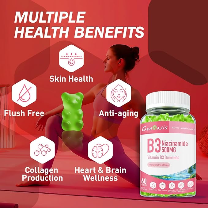 Niacinamide 500mg Gummies, Chewable Vitamin B3 Supplement with Resveratrol 500mg, High Potency Niacin for Antioxidant, Skin &amp; Brain Health, Immune Support, Vegan Apple Flavor, 60 Count
