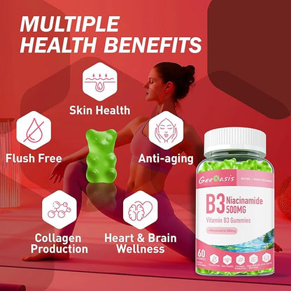 Niacinamide 500mg Gummies, Chewable Vitamin B3 Supplement with Resveratrol 500mg, High Potency Niacin for Antioxidant, Skin &amp; Brain Health, Immune Support, Vegan Apple Flavor, 60 Count