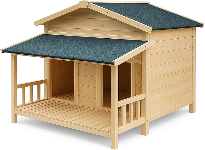 Large Outdoor Wooden Dog House – Weatherproof Double Kennel with Asphalt Roof &amp; Covered Porch, Ideal for Medium to Large Breeds