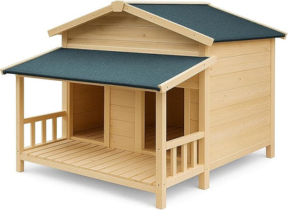Large Outdoor Wooden Dog House – Weatherproof Double Kennel with Asphalt Roof &amp; Covered Porch, Ideal for Medium to Large Breeds