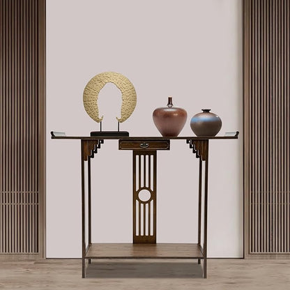 Console Table with Storage Shelves, 2 Tiers L 40.1” Narrow Sofa Table with Drawers, Bamboo Entryway Table for Small Spaces, Living Room Hallway Foyer Corridor Wood Entry Table