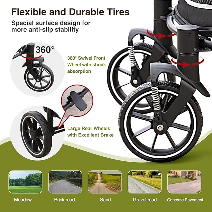 Dog Stroller for Medium/Large Dogs One-Click Folding, Extra Large Pet Stroller for 2 Dogs with Storage Pocket &amp; Shock Absorption, Up to 130 lbs, Grey