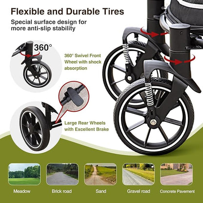 Dog Stroller for Medium/Large Dogs One-Click Folding, Extra Large Pet Stroller for 2 Dogs with Storage Pocket &amp; Shock Absorption, Up to 130 lbs, Grey