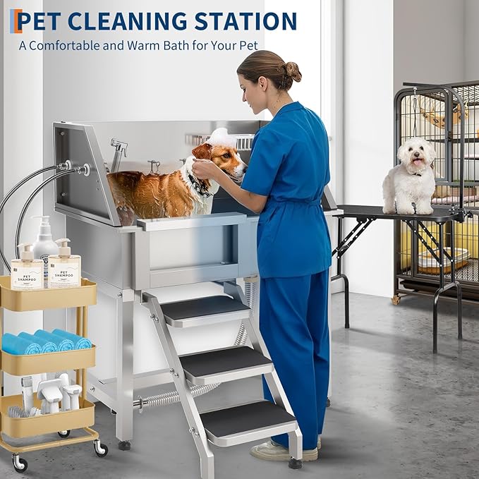 Stainless Steel Dog Washing Station - Dog Bath Tub for Large, Medium, Small Dogs, Pet Grooming Tub with Ramp, Non-Slip Grate, Shower, Soap Box, Faucet, Drain for Home &amp; Outdoor （Left RAMP, 38"）