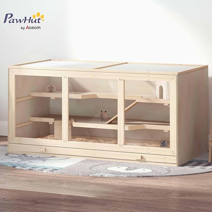 PawHut 45" Extra Large Wooden Hamster Cage, 3-Layer Chewproof Rat Cage with Opening Roof, Hut, Ramps, for Gerbil, Dwarf &amp; Syrian Hamsters, Natural