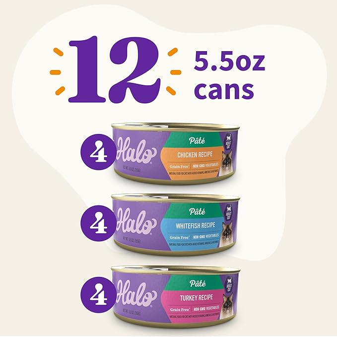 Halo Wet Cat Food Variety Pack, Three Canned Wet Cat Pate, Chicken, Turkey &amp; Whitefish, 5.5 Oz Can (Pack of 12)