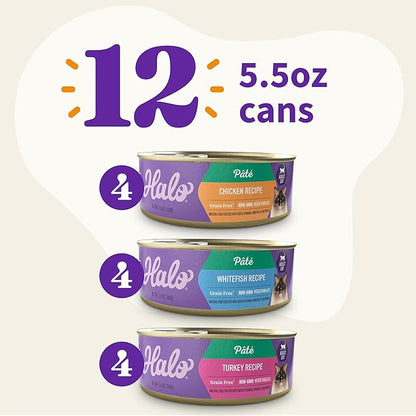 Halo Wet Cat Food Variety Pack, Three Canned Wet Cat Pate, Chicken, Turkey &amp; Whitefish, 5.5 Oz Can (Pack of 12)