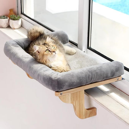 Cat Perch for Window Sill with Bolster - Orthopedic Hammock Design with Premium Hardwood &amp; Robust Metal Frame - Cat Window Seat for Large Cats and Kittens - Natural Color Wood with Gray Bed